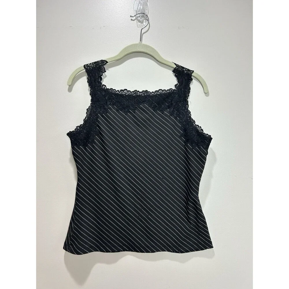 Vtg Charlotte Russe Striped Tank Top Black Lace Whimsigoth Y2K Grunge L - Picture 5 of 9